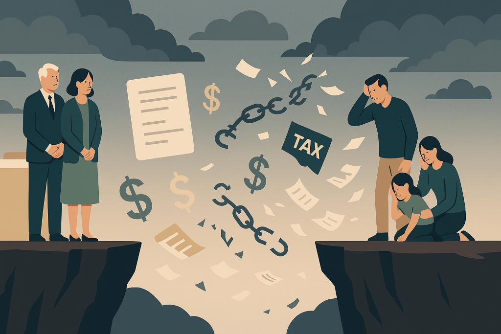 "Illustration vectorielle représentant deux familles séparées par un gouffre symbolique. À gauche, un couple serein debout près de dossiers organisés représentant la planification successorale. À droite, une famille stressée, confrontée au chaos des documents, chaînes brisées, symboles d'impôts et de conflits. L’image illustre les conséquences d’une mauvaise planification de succession.