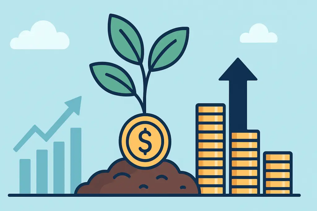 Illustration représentant une graine qui pousse progressivement en arbre, symbolisant le réinvestissement automatique des dividendes pour une croissance exponentielle du portefeuille.